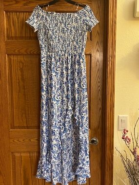 Blue & White Floral Off-Shoulder Smocked Dress